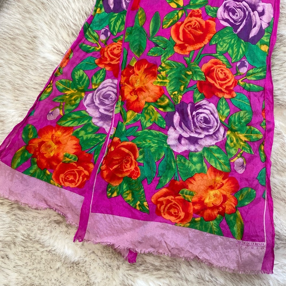 Vintage Oscar De La Renta Colorful Floral Silk Scarf